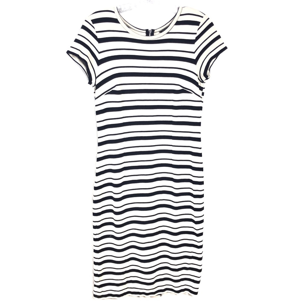 Ann Taylor Black and Cream Striped Crew Neck Dress